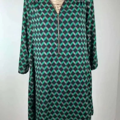 Emerald Green Geometric Print Flowy Dress – Bohemian Chic Style – Size L (US 10-12)