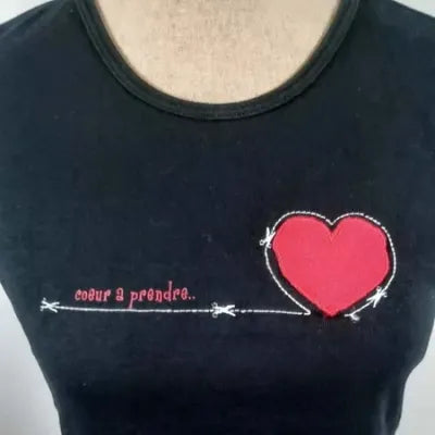 Cache Cache T-shirt – Black – Red Heart Embroidery "Cœur à Prendre" – Size L (US 8/10)
