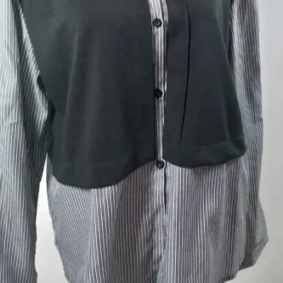 Black & Striped Bi-Material Shirt XL - Chic Layered Style - NEW