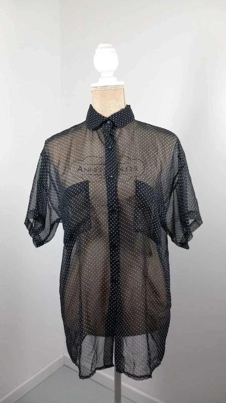 Chemisier Voile Transparent Noir à Pois - Taille 34/36 (S) - Style Vintage Chic