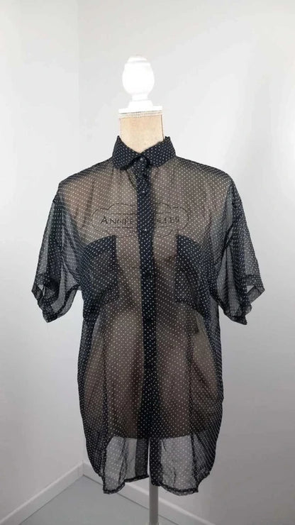 Chemisier Voile Transparent Noir à Pois - Taille 34/36 (S) - Style Vintage Chic