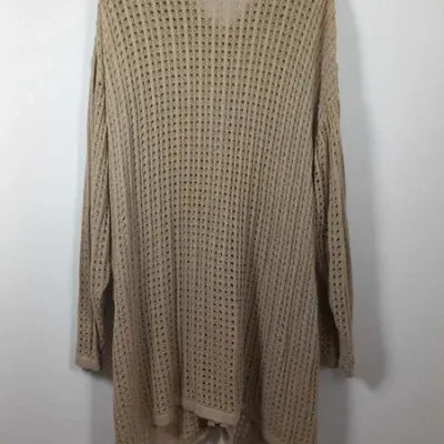 Long Size Up Cardigan – Beige – Openwork Knit & Shirt Collar – Plus Size 54/56