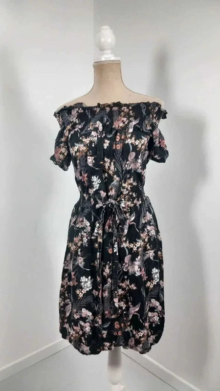 Robe Fleurie GÉMO Noire Style Bohème - Taille 36 (S) - Épaules Dénudées