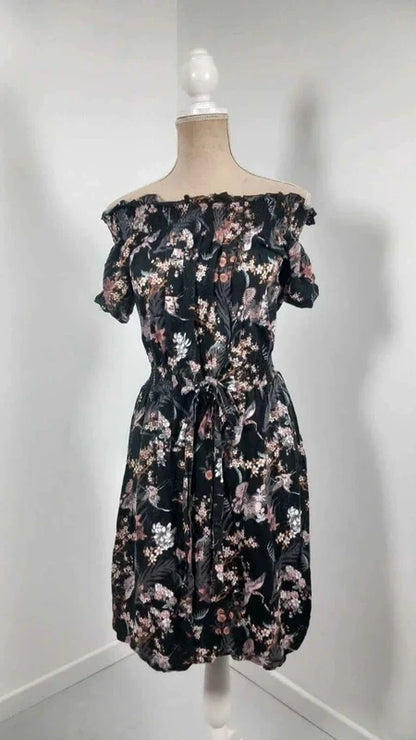 Robe Fleurie GÉMO Noire Style Bohème - Taille 36 (S) - Épaules Dénudées