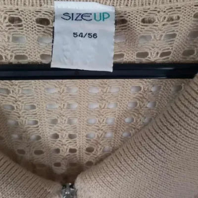 Long Size Up Cardigan – Beige – Openwork Knit & Shirt Collar – Plus Size 54/56
