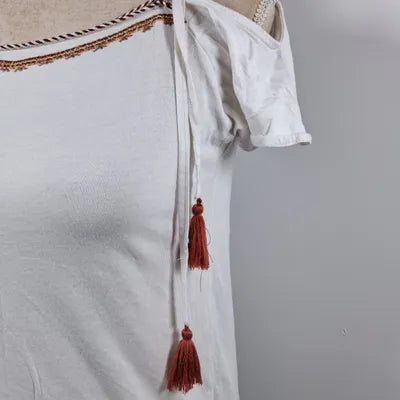Cache Cache Bohemian White Cold Shoulder Top with Embroidery, Size XS