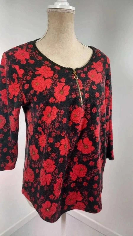 Pull Léger Floral Noir & Rouge – Détail Zip Cœur – Taille 3 (L)