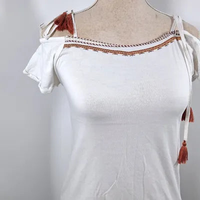 Cache Cache Bohemian White Cold Shoulder Top with Embroidery, Size XS