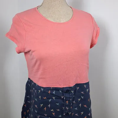 Pink & Navy Blue Two-Material Long Tunic – Bird Pattern – Size XL