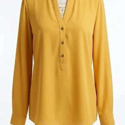 Jacqueline de Yong Blouse – Mustard Yellow – Tunisian Collar – Asymmetrical Cut – Size S (US 4)