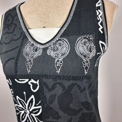 Kiabi Woman Patchwork Tank Top – Graphic & Rhinestone Style – Size 38/40 (M)