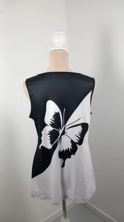 Top Fluide Noir & Blanc Motif Papillon – Détails Anneaux – Neuf – Taille L