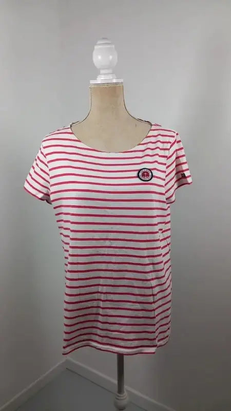Terre de Marins Sailor Top – White & Coral Red – Embroidered Patch – Size XL