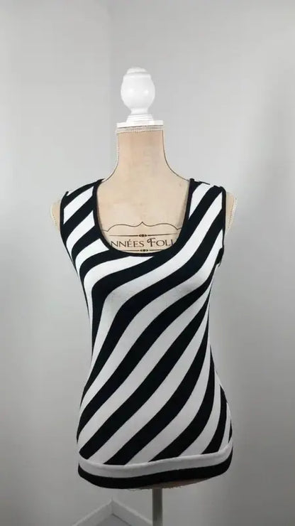 Caroll Tank Top – Black & White Diagonal Stripes – Stretch Knit – Size 40 (L)