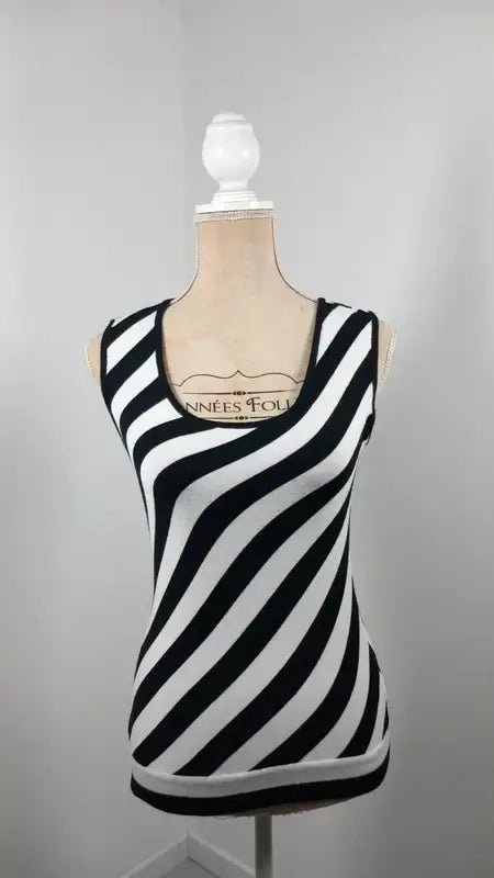Caroll Tank Top – Black & White Diagonal Stripes – Stretch Knit – Size 40 (L)