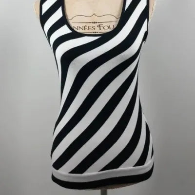Caroll Tank Top – Black & White Diagonal Stripes – Stretch Knit – Size 40 (L)