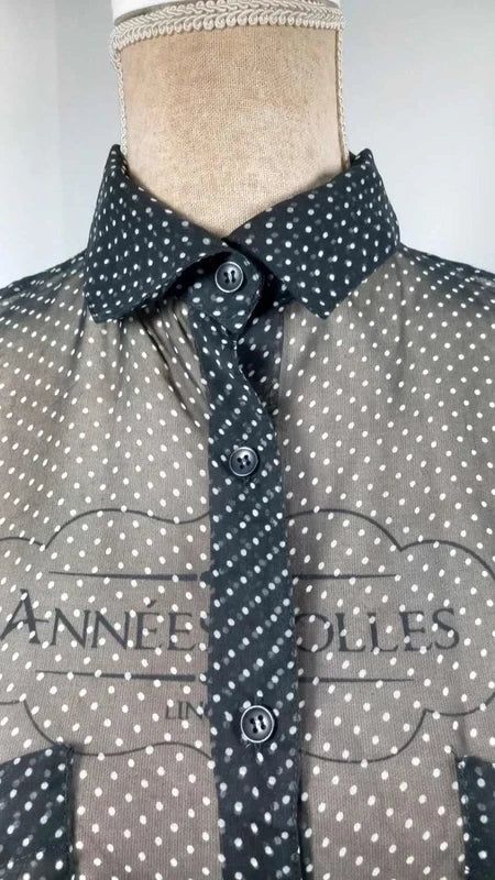 Chemisier Voile Transparent Noir à Pois - Taille 34/36 (S) - Style Vintage Chic