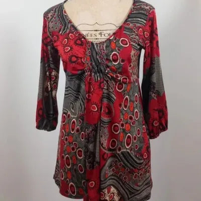 Tunique – Imprimé Abstrait Rouge/Gris/Noir – Col V Drapé – Manches 3/4 – Neuve