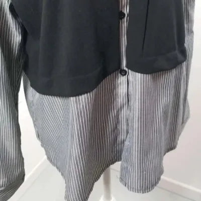 Black & Striped Bi-Material Shirt XL - Chic Layered Style - NEW