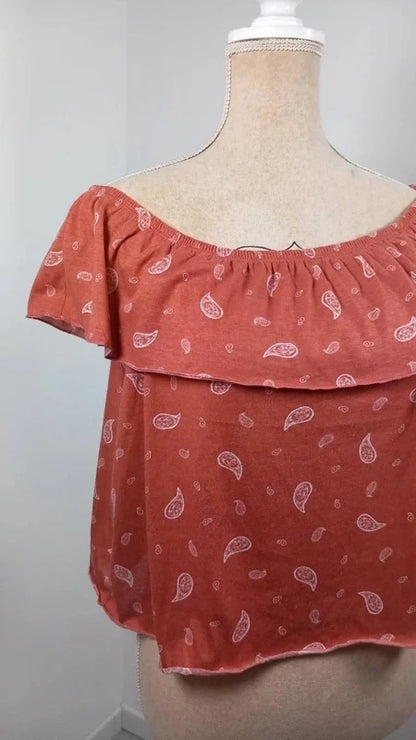 Terracotta Brown Off-the-Shoulder Top - One by Gémo - Size M - Paisley Pattern