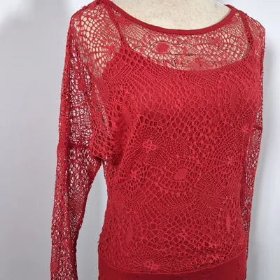 Red lace / fishnet top Mim - Long sleeves size 38/40