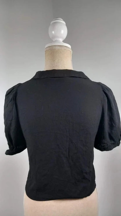 Top Zara Noir Fluide Style Rétro - Taille XS - Col Revers & Manches Bouffantes