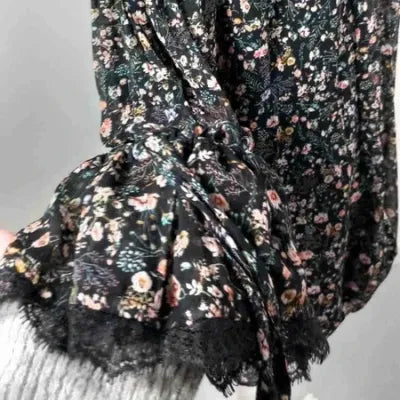 Bershka Romper Dress - Black Floral Print - Long Lace Sleeves - Size S (UK 8)