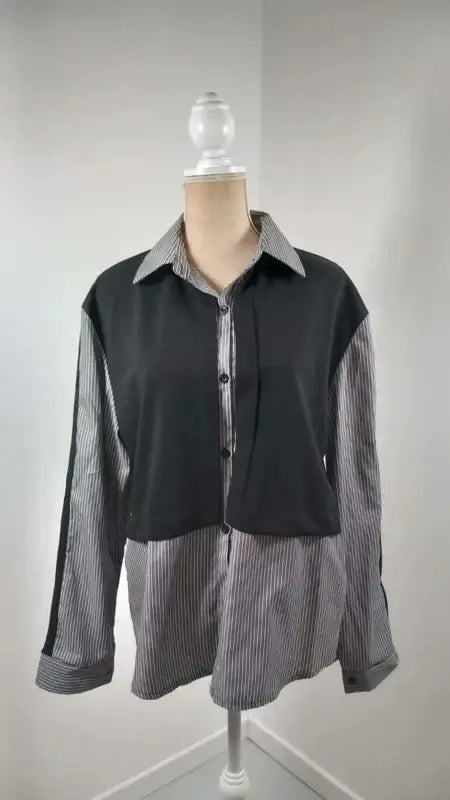 Black & Striped Bi-Material Shirt XL - Chic Layered Style - NEW
