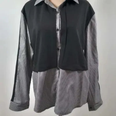 Black & Striped Bi-Material Shirt XL - Chic Layered Style - NEW