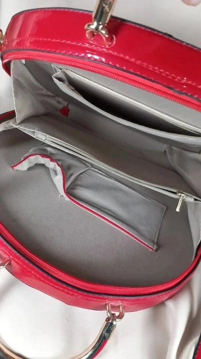 Sac à Main Cabas Rond Géométrique Rouge Verni - Neuf