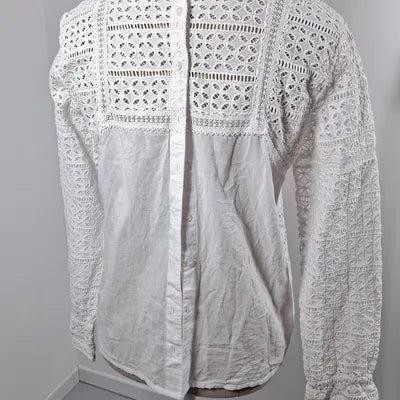 White Broderie Anglaise & Lace Blouse – Romantic Vintage Style – Size 40 (L)