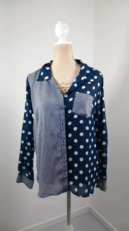 Chemise Tissaia – Mix Pois & Rayures Bleu Marine/Blanc – Coupe Asymétrique – Taille 40 (L)