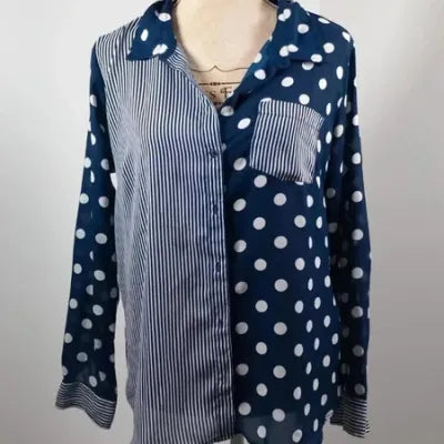 Chemise Tissaia – Mix Pois & Rayures Bleu Marine/Blanc – Coupe Asymétrique – Taille 40 (L)