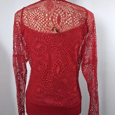 Red lace / fishnet top Mim - Long sleeves size 38/40