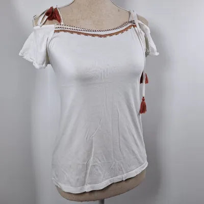 Cache Cache Bohemian White Cold Shoulder Top with Embroidery, Size XS
