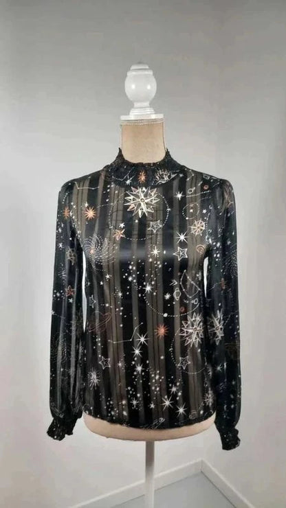 Chemisier Céleste Noir & Or - Imprimé Étoiles/Planètes - Taille XS - NEUF