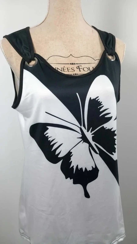 Top Fluide Noir & Blanc Motif Papillon – Détails Anneaux – Neuf – Taille L